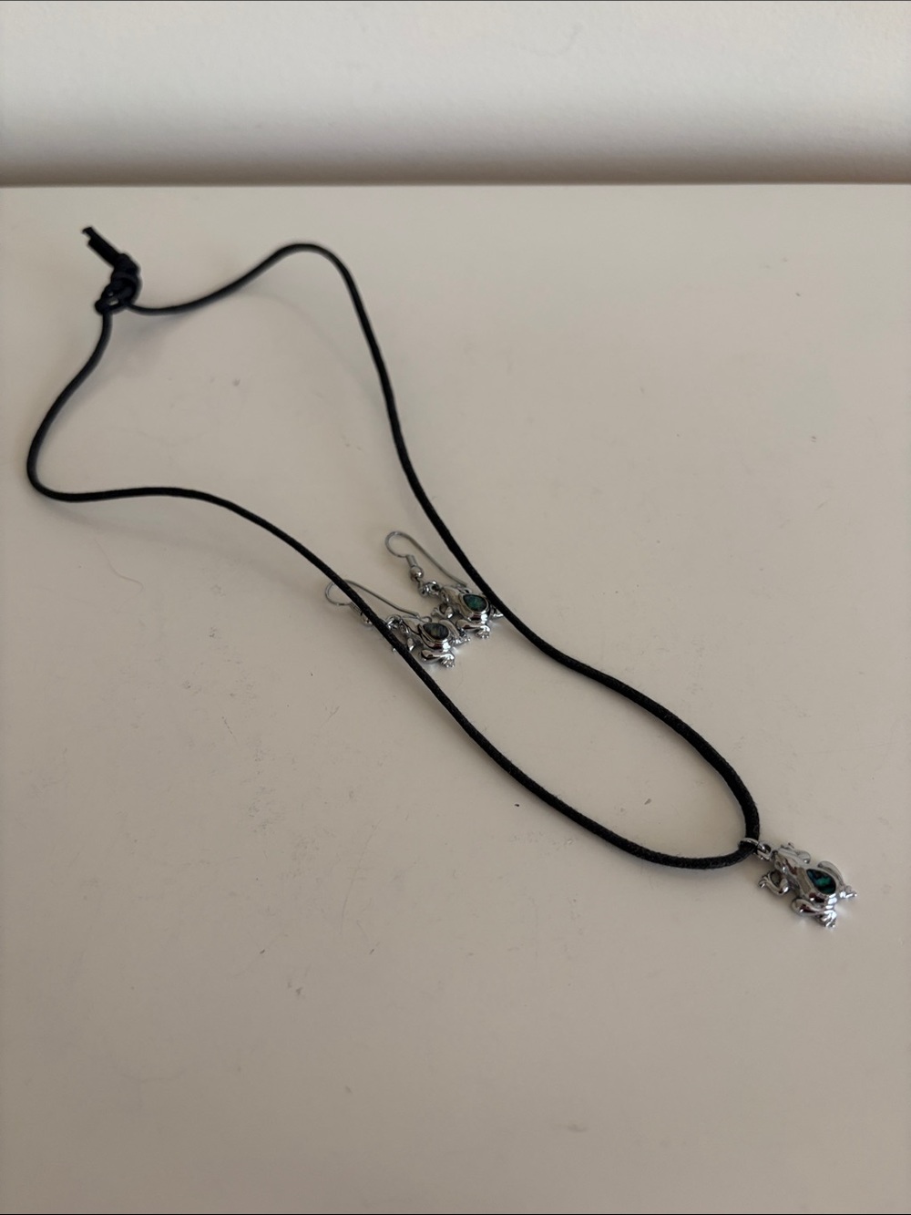 Black Cord Frog Necklace and Earrings Set with Teardrop Green Accents